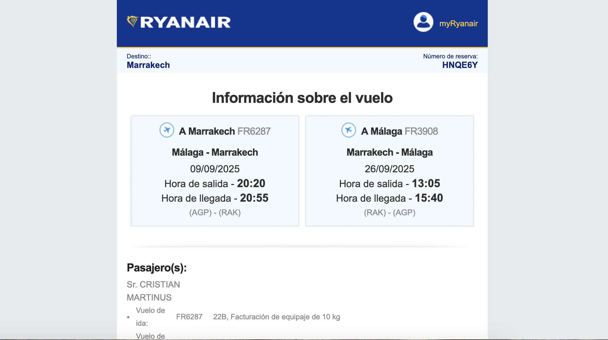 ticket on Ryanair flight September 2025 from Malaga to Marrakech