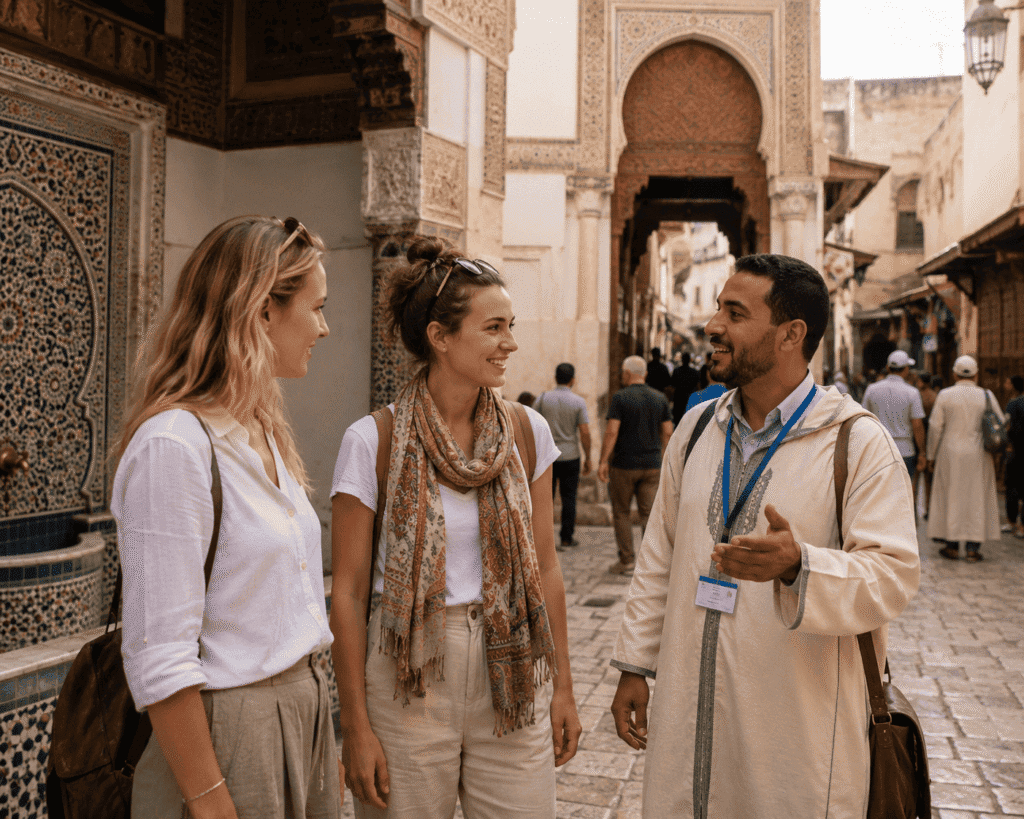 Two female tourists smiling with a licensed local guide in the historic medina of Fes, Morocco, highlighting a safe and authentic travel experience
