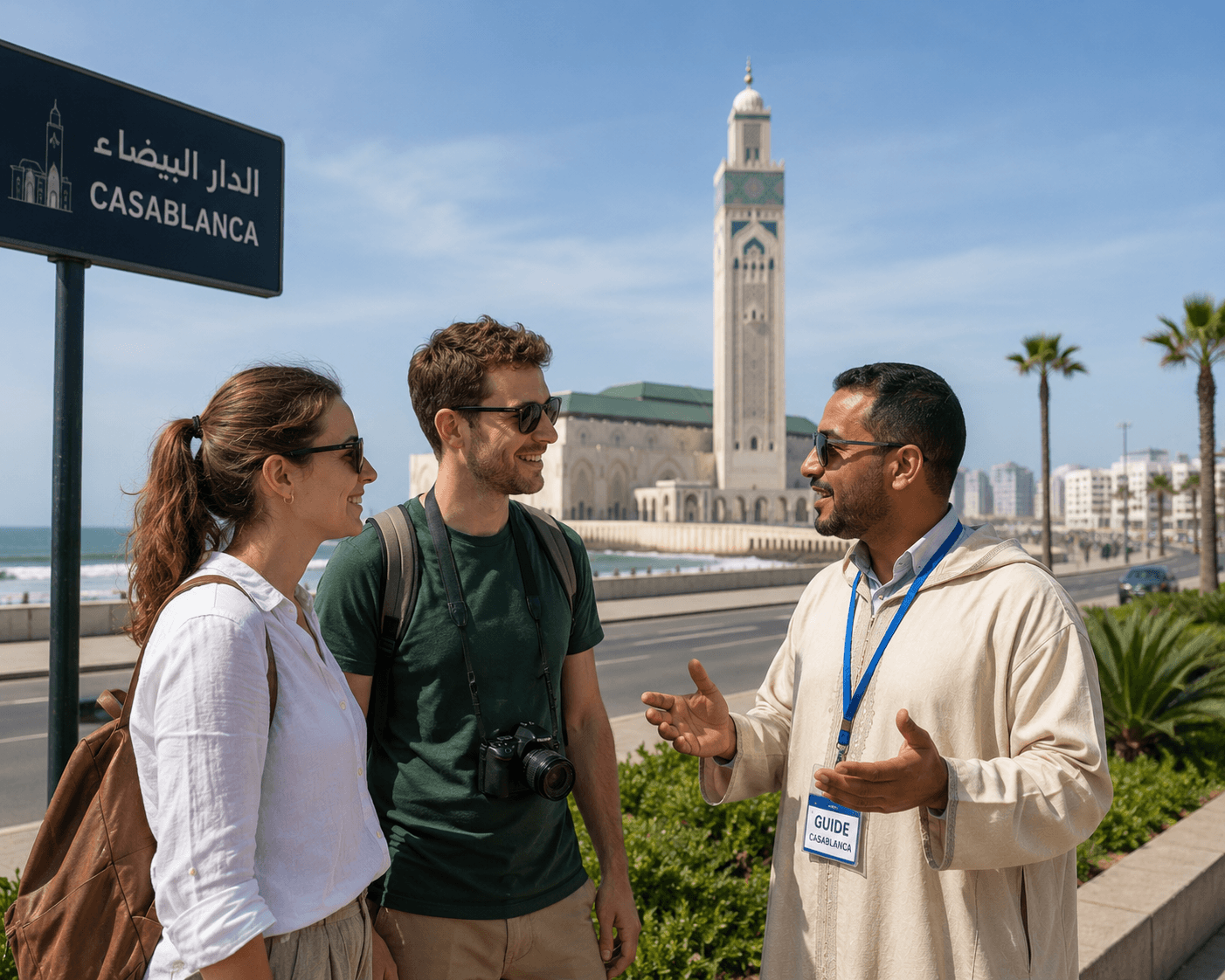 Is Casablanca Safe: A Luxury Operator's Candid Take on Morocco's Largest City 6 Two tourists with a local guide in front of the Casablanca city sign and Hassan II Mosque on a clear sunny day