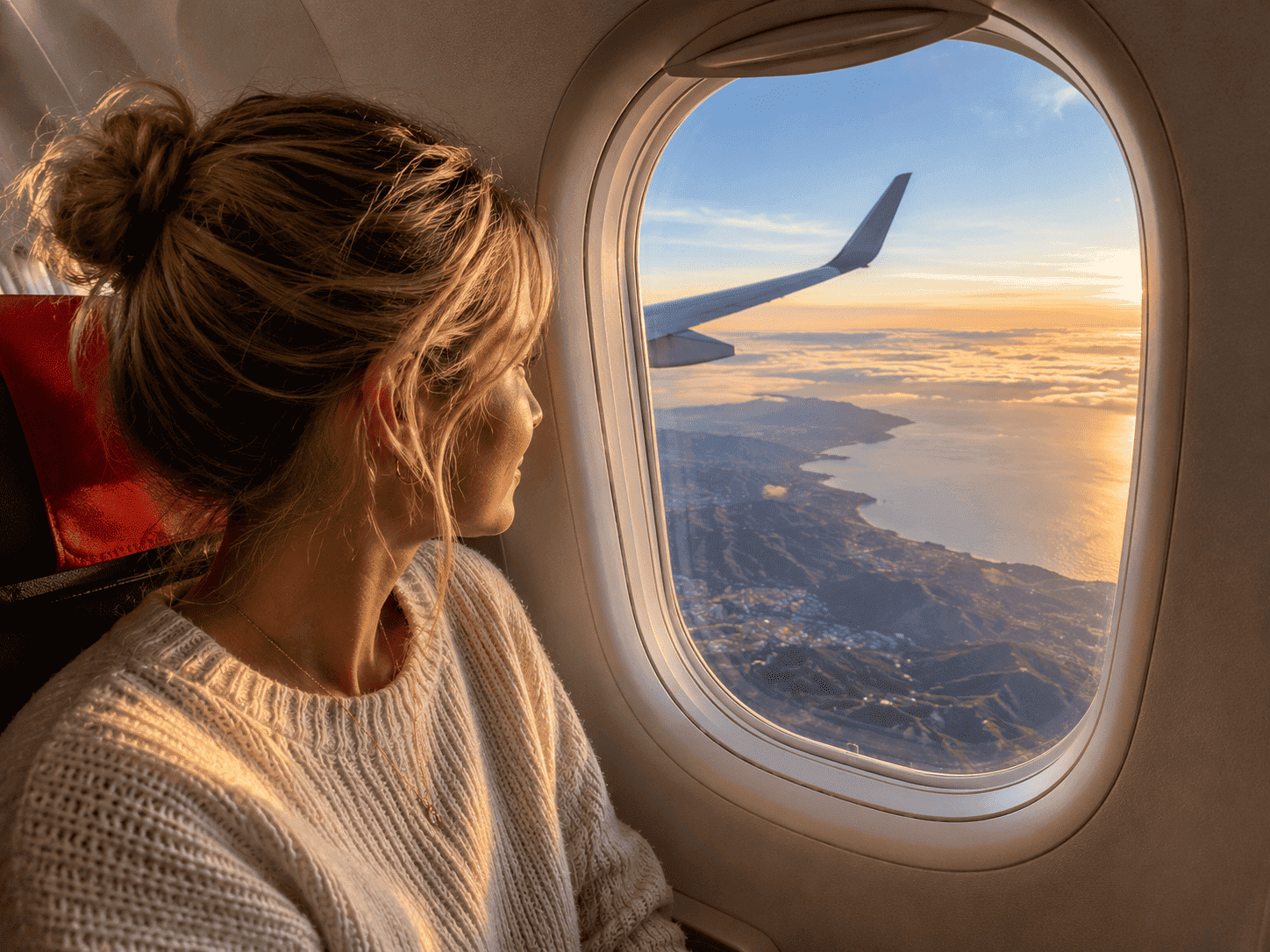 Female traveler gazing out an airplane window at a coastal Moroccan landscape at sunset, representing the experience of flying safely to Morocco