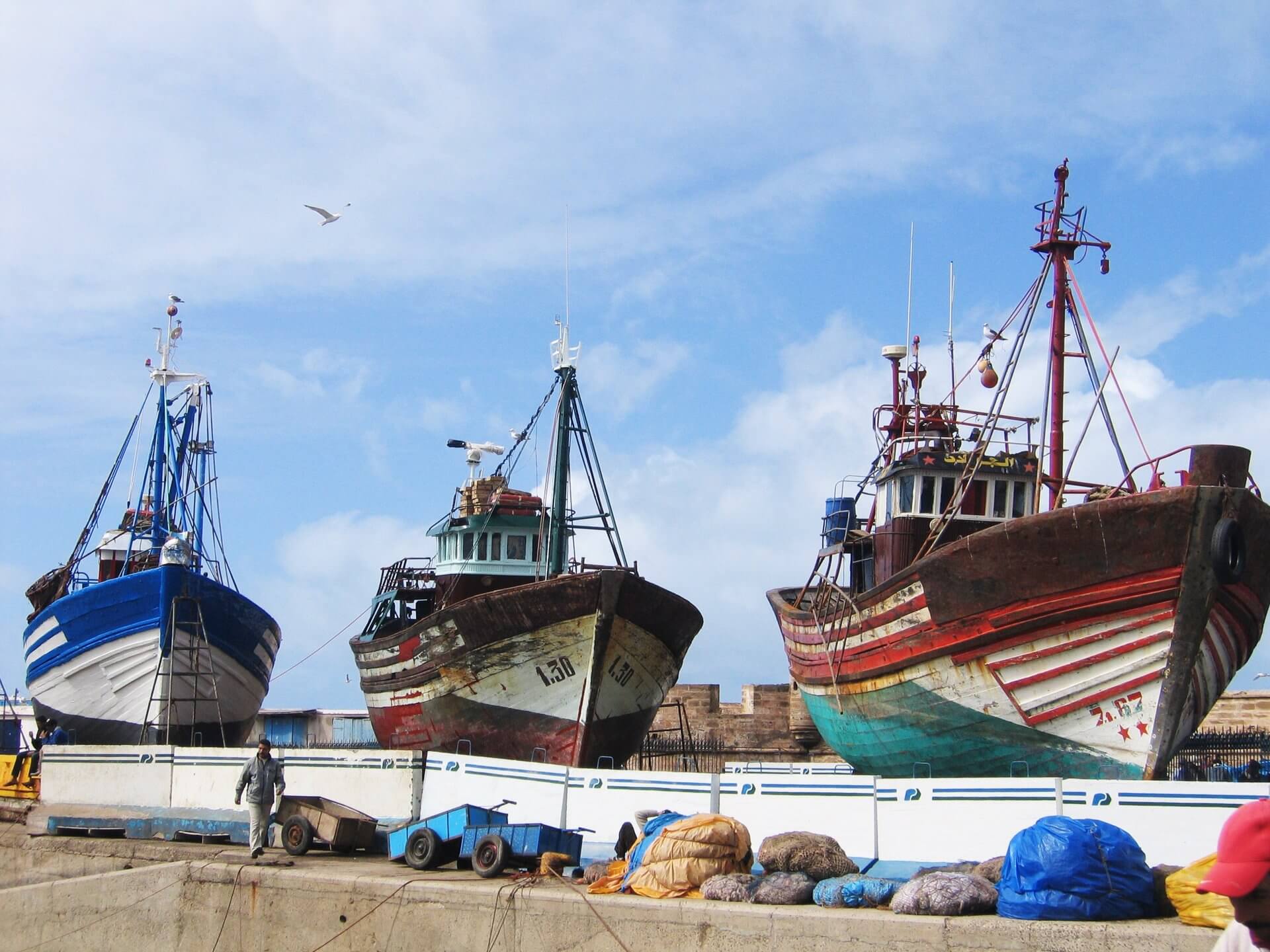 Visit Morocco: A Luxury Journey Through Imperial Cities, Atlas Peaks and Sahara Dunes 12 Colorful traditional fishing boats docked at Essaouira's Atlantic port on a breezy day, a highlight of Morocco's coastal cities