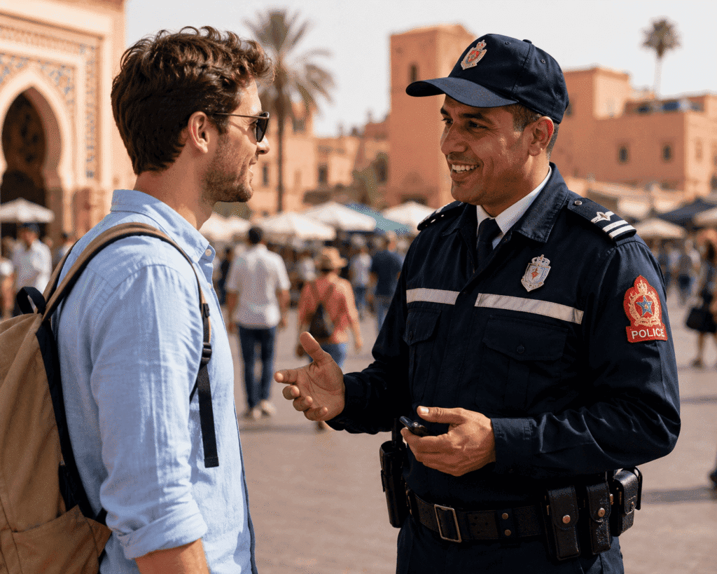 Male tourist talking with a smiling Moroccan police officer in a busy public square in Marrakech, illustrating safety and tourist assistance in Morocco